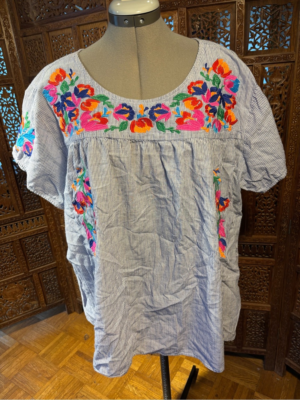 See And Be Seen Blue Striped Embroidered Scoop-Neck Blouse
